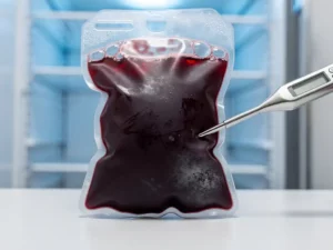 Translucent rode bloedzak op klinisch oppervlak met thermometersonde, koelblauw licht van medische koelunit op de achtergrond.