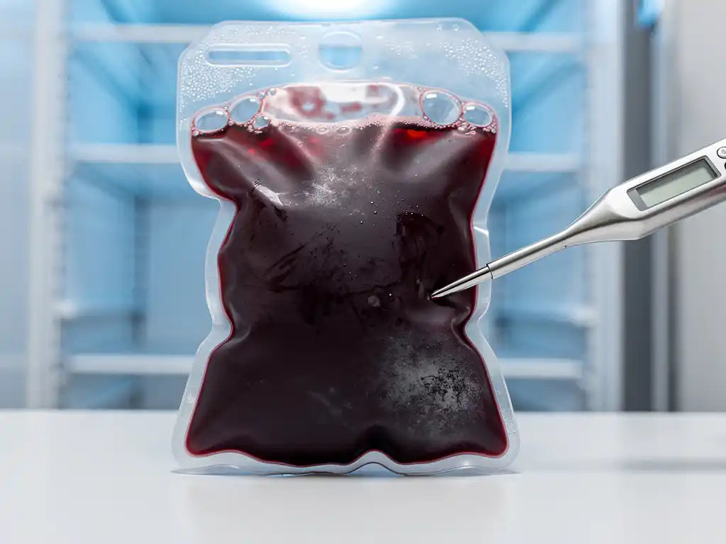 Translucent rode bloedzak op klinisch oppervlak met thermometersonde, koelblauw licht van medische koelunit op de achtergrond.