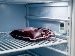Verzegelde bloedzak in een medische koelkast met lichte rijp op stalen planken en een temperatuurlogger.
