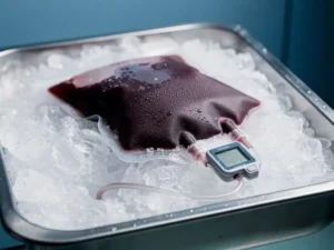 Verzegelde bloedzak op crushed ice in roestvrijstalen lade met digitale temperatuurlogger, gekoeld bewaard voor medisch transport.
