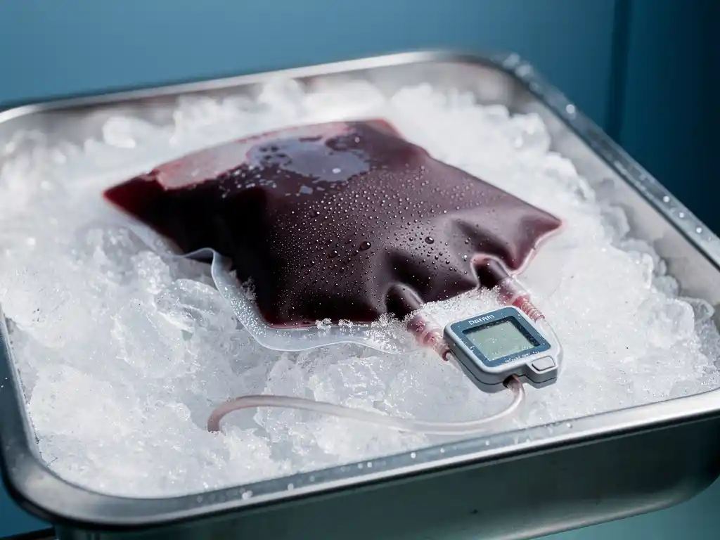 Verzegelde bloedzak op crushed ice in roestvrijstalen lade met digitale temperatuurlogger, gekoeld bewaard voor medisch transport.