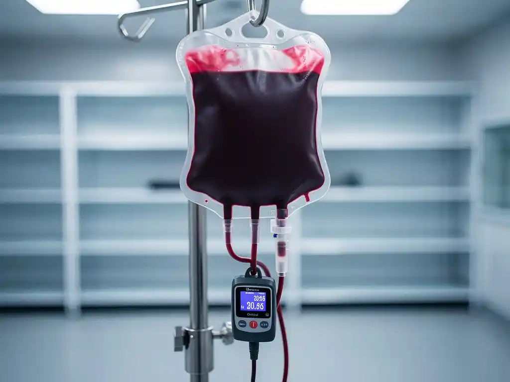 Bloedzak hangend aan een roestvrijstalen infuusstandaard met digitale temperatuurlogger op de slang, in een koele ziekenhuisopslagruimte.
