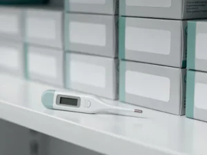 Digitale thermometerprobe op een witte apotheekplank naast geordende medicijndozen in zachte klinische belichting.