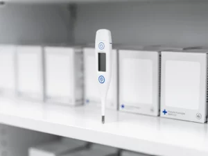 Digitale thermometer rechtop op een witte apotheekplank, omgeven door geneesmiddelendozen in zachte focus.
