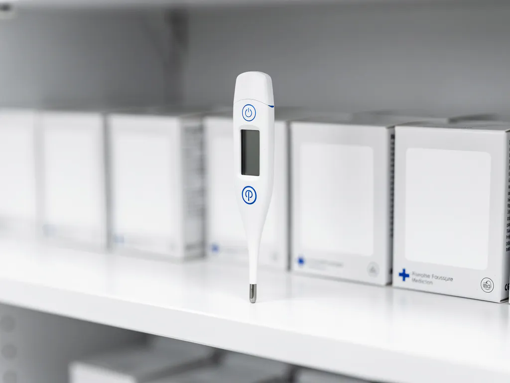 Digitale thermometer rechtop op een witte apotheekplank, omgeven door geneesmiddelendozen in zachte focus.