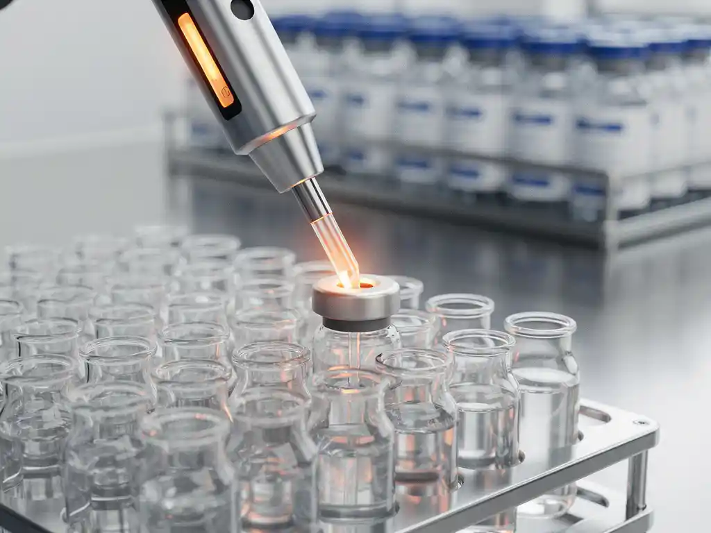 Digitale thermometer- en vochtigheidssensor in farmaceutische viaaltray binnen steriele cleanroom, medicijnflesjes op achtergrond.