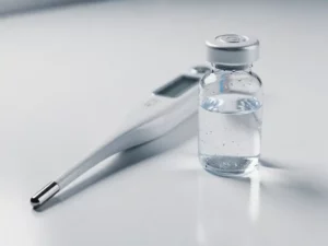Digitale thermometerprobe naast een glazen flesje met condensatie op een wit klinisch oppervlak.