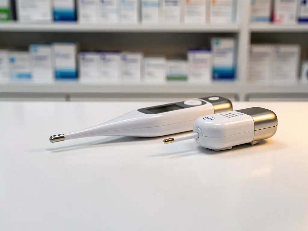 Digitale thermometer en vochtigheidssensor op witte apothekerstoonbank, met onscherpe medicijndozen op de achtergrond.