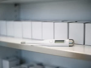 Digitale thermometerprobe naast witte medicijndozen op klinische opbergplank in minimalistisch zorginterieur.