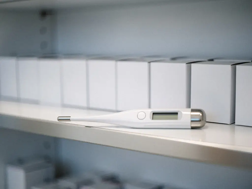Digitale thermometerprobe naast witte medicijndozen op klinische opbergplank in minimalistisch zorginterieur.