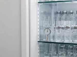 Farmaceutische koelkast op een kier met geordende medicijnflacons en ampullen op glazen planken, thermometer zichtbaar.