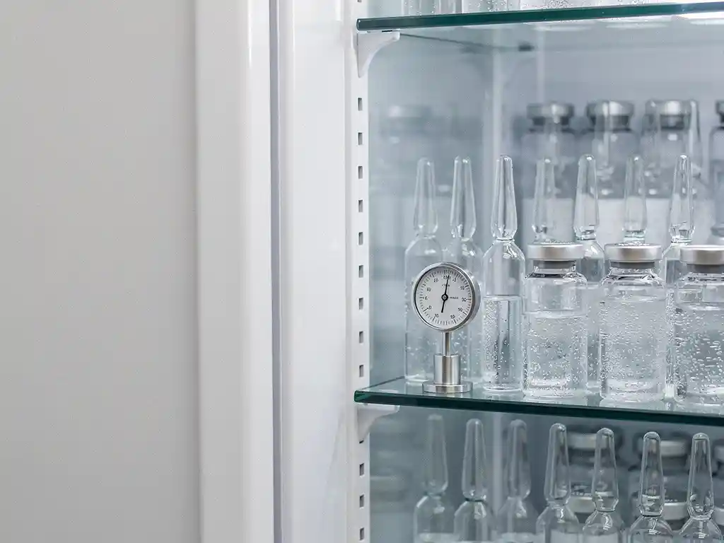 Farmaceutische koelkast op een kier met geordende medicijnflacons en ampullen op glazen planken, thermometer zichtbaar.