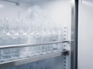 Farmaceutische ampullen en injectieflessen op roestvrijstalen plank in een open klinische koelkast met koele mist.