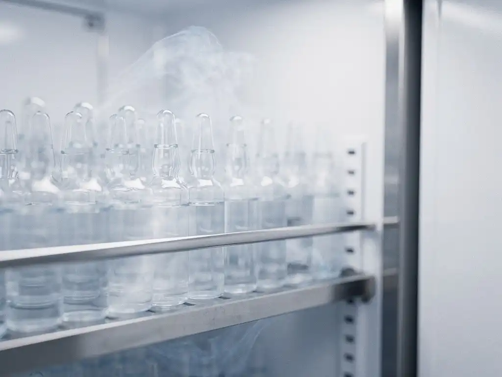 Farmaceutische ampullen en injectieflessen op roestvrijstalen plank in een open klinische koelkast met koele mist.
