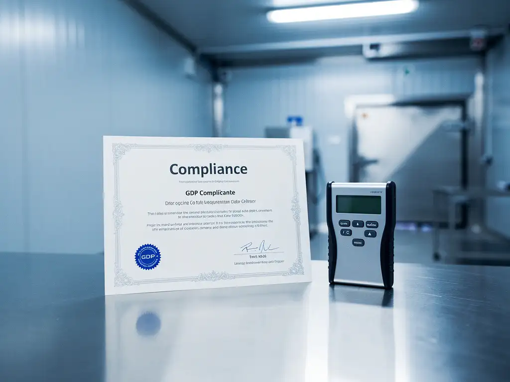 GDP-nalevingscertificaat naast temperatuurdatalogger op roestvrijstalen oppervlak in farmaceutische koude-opslagfaciliteit.