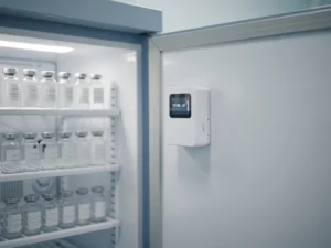 Klinische koelkast op een kier met georganiseerde medicijnflacons op witte planken en een temperatuurlogger aan de binnenkant.