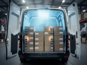 Gekoelde farmaceutische transportbus met open achterdeuren, temperatuurloggers op gestapelde medicijndozen, koude mist in magazijnlucht.