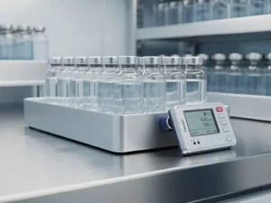 Gekoelde medicijnflacons in temperatuurgecontroleerde tray met datalogger, opgeslagen in farmaceutische koelruimte.