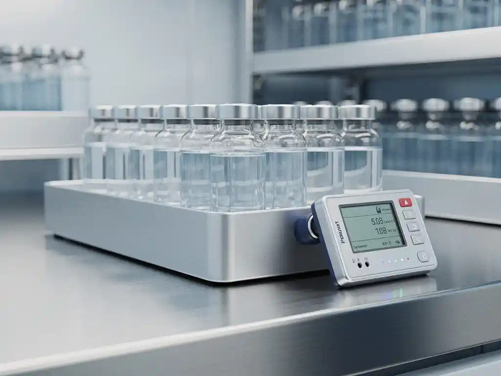 Gekoelde medicijnflacons in temperatuurgecontroleerde tray met datalogger, opgeslagen in farmaceutische koelruimte.