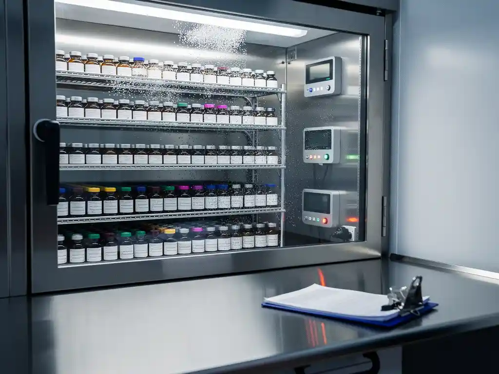 Verzegelde farmaceutische koelopslagunit met gerangschikte medicijnflacons en temperatuurloggers in roestvrij stalen omgeving.