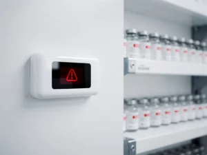 Digitale temperatuursensor met rood waarschuwingslampje op witte muur in farmaceutische opslagruimte met medicijnflacons op achtergrond.