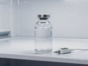 Glazen medicijnflesje in farmaceutische koelkast naast digitale thermometer op wit schap, klinische blauwe en witte tinten.