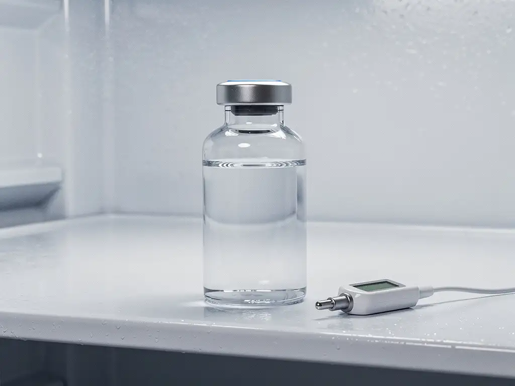 Glazen medicijnflesje in farmaceutische koelkast naast digitale thermometer op wit schap, klinische blauwe en witte tinten.
