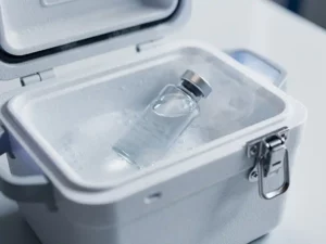 Glazen medicijnvial in open geïsoleerde farmaceutische koeler, omgeven door condensatienevel op een steriel witte ondergrond.
