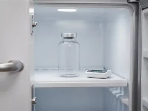 Medische koelkast op een kier met glazen medicijnflacon op witte plank en digitale thermometer.
