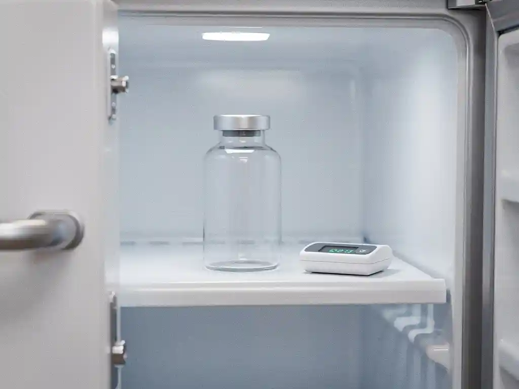 Medische koelkast op een kier met glazen medicijnflacon op witte plank en digitale thermometer.