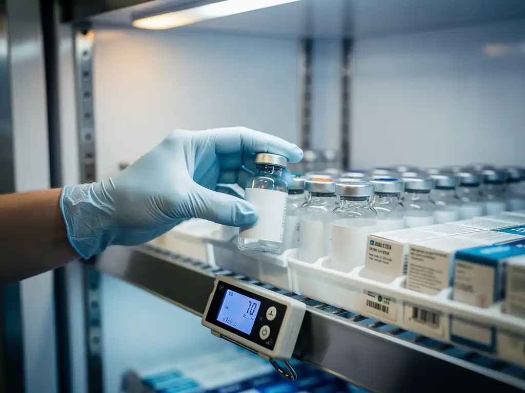 Gehandschoende hand van apotheker plaatst gelabeld medicijnflesje in gekoelde opslag met temperatuurlogger op plankrand.