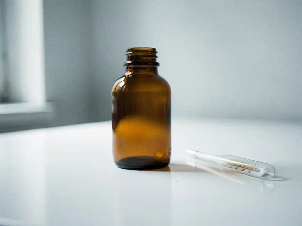 Amber glazen medicijnflesje naast een precisiethermometer op wit klinisch oppervlak, zacht daglicht, minimalistisch.