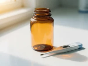 Amber medicijnflesje naast een digitale thermometer op wit oppervlak, zacht zonlicht werpt zachte schaduw.