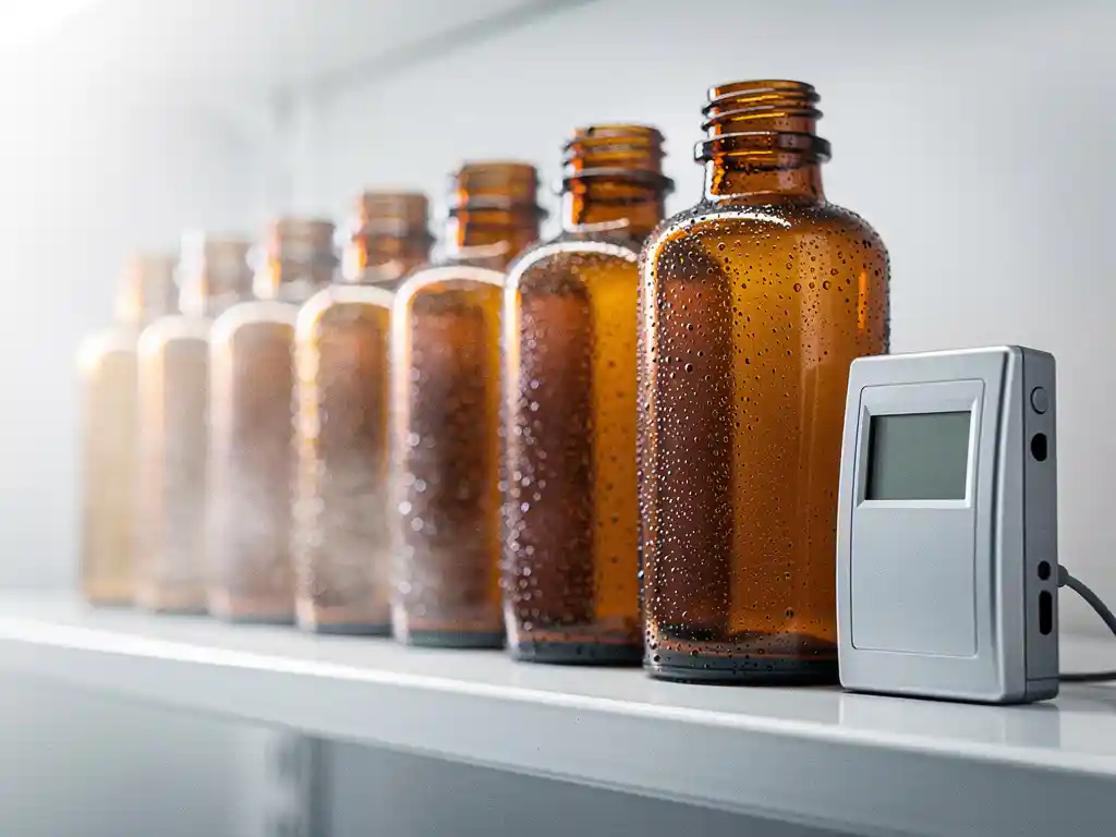 Amber medicijnflesjes op witte laboratoriumplank met condensatiedruppels en een precisie-vochtigheidssensor ernaast.