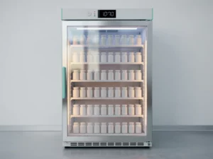 Farmaceutische koelkast met glazen deur, gevuld met georganiseerde medicijnflacons op witte planken en digitaal temperatuurscherm.