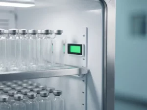 Witte medische koelkast op een kier met georganiseerde medicijnflacons op glazen planken en groen digitaal temperatuurscherm.