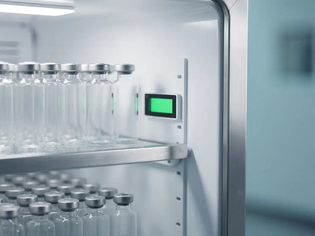 Witte medische koelkast op een kier met georganiseerde medicijnflacons op glazen planken en groen digitaal temperatuurscherm.