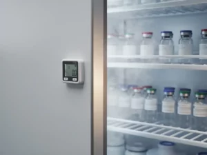 Medische koelkast op een kier met gerangschikte medicijnflacons op witte planken en digitale temperatuurweergave aan de buitenkant.