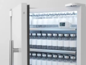 Farmaceutische koelkast op een kier met georganiseerde medicijnflacons op witte planken en een precisiethermometer.