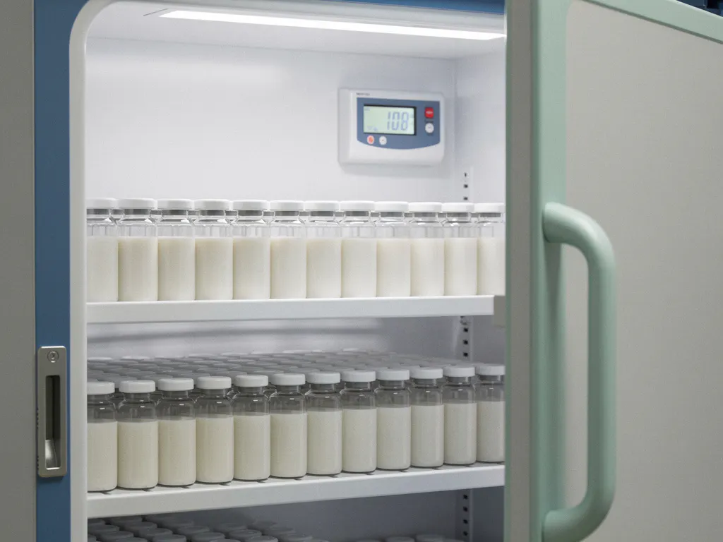 Medische koelkast op een kier met farmaceutische ampullen op witte planken en een precisie-thermometer, steriele ziekenhuisomgeving.
