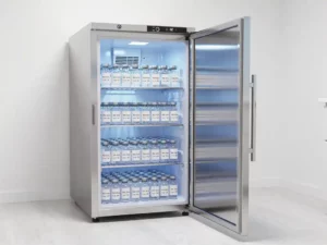 Open roestvrijstalen medische koelkast met georganiseerde glazen planken vol gelabelde farmaceutische flacons in klinische omgeving.