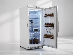 Open medische koelkast met farmaceutische injectieflacons en temperatuurmonitor op georganiseerde shelves in klinische omgeving.