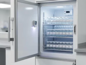 Medische koelkast op een kier met gerangschikte medicijnflacons en digitale temperatuurlogger aan de binnenwand.