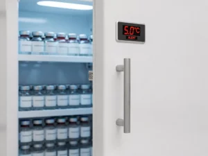 Medische koelkast op een kier met gerangschikte medicijnflacons, digitaal temperatuurscherm met rood waarschuwingssignaal op de deur.