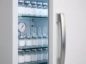 Geopende medische koelkast met geordende medicijnflacons en ampullen op glazen planken, thermometer zichtbaar binnenin.