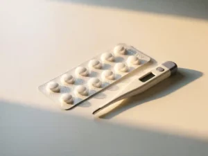 Witte paracetamol blisterverpakking naast een kleine thermometer op een klinisch oppervlak, warm goudkleurig licht.