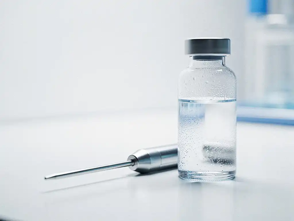 Klinische thermometer naast glazen injectieflacon op wit oppervlak, met condensatiedruppels in minimalistische laboratoriumomgeving.