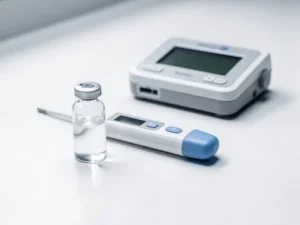 Medische thermometer en glazen medicijnampul naast temperatuurlogger op wit klinisch oppervlak.