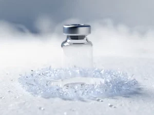 Glazen vaccinflesje op bevroren wit oppervlak met ijskristallen aan de basis en koele mist in een klinische omgeving.