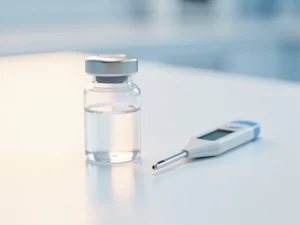 Vaccinflesje op witte klinische ondergrond naast thermometer die kritieke temperatuur toont, wijzend op onjuiste koude-keten opslag.